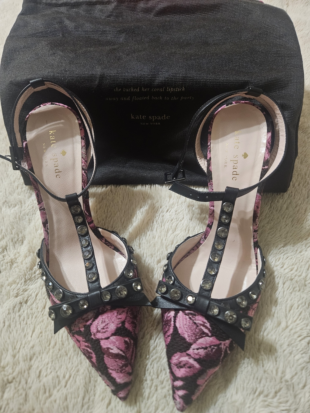 Kate Spade Lydia Rose pink and black broccade heels